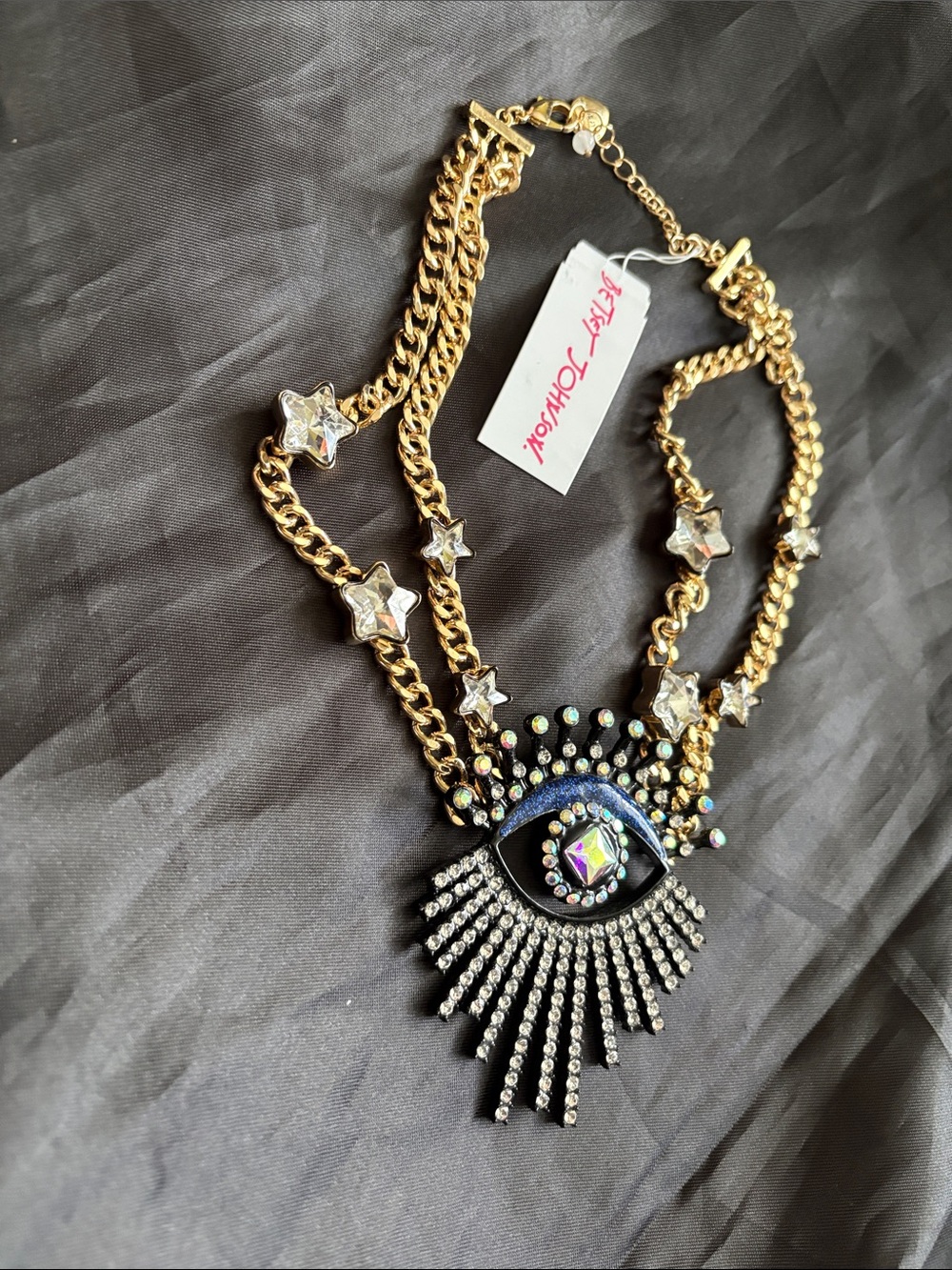 Betsey Johnson EVIL EYE Pendant Necklace Crystal Stars Rhinestones Gold Tone NWT - Picture 3 of 6
